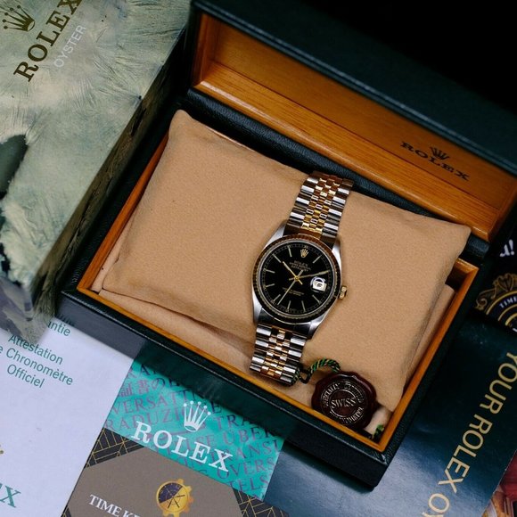 MEN'S ROLEX DATEJUST 2TONE BLACK INDEX DIAL 18K GOLD FLUTED WITH BOX AND PAPERS - Picture 1 of 12